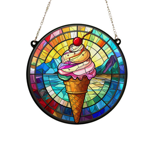 Ice Cream with Cherry Stained Glass Effect Suncatcher